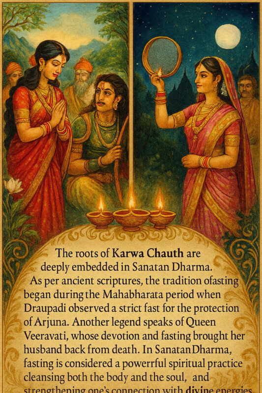 The roots of Karwa Chauth are deeply embedded in Sanatan Dharma. As per ancient scriptures, the tradition of fasting began during the Mahabharata period when Draupadi observed a strict fast for the protection of Arjuna. Another legend speaks of Queen Veeravati, whose devotion and fasting brought her husband back from death.In Sanatan Dharma, fasting is considered a powerful spiritual practice cleansing both the body and the soul, and strengthening one’s connection with divine energies.